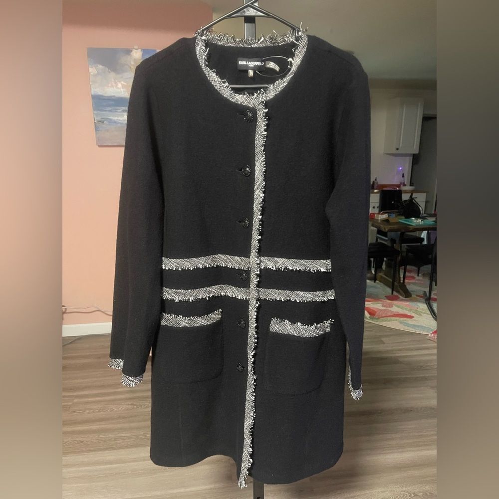 Karl Lagerfeld Paris Black Tweed Trim Long Coat Cardigan Jacket L - Picture 2 of 6